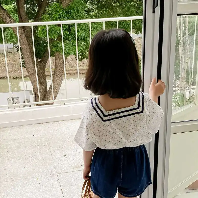 Новинка лета 2020 рубашка для девочек в морском стиле топ горошек с маленьким