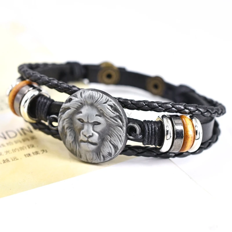 

Fashion Charm Men's Bracelet Retro Lion Metal Alloy Handmade Multilayer Woven Leather Bracelet for Men