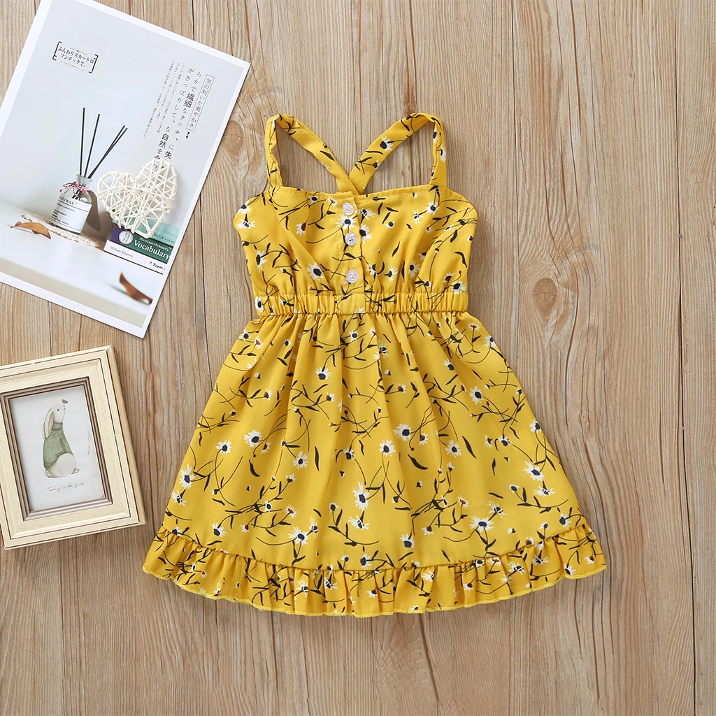 Желтое платье на подтяжках для девочек летняя детская одежда с оборками и