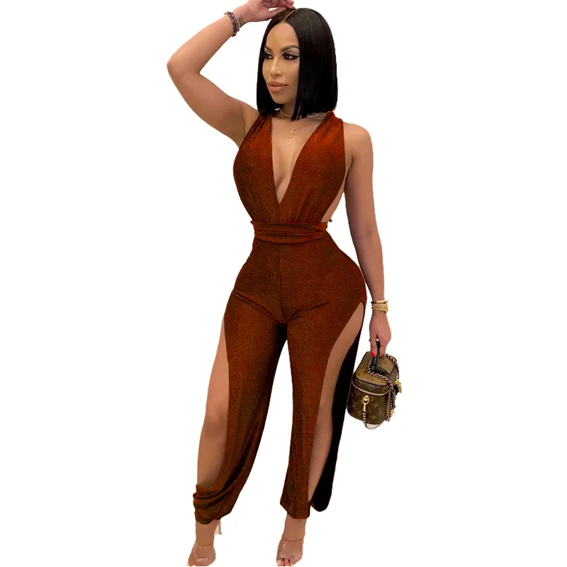 

Double Side Split Women Lantern Sequin Light Jumpsuit V-neck Lace-Up Vent Cross Backless 2020 Sexy Night Club Party Wear S-4XL