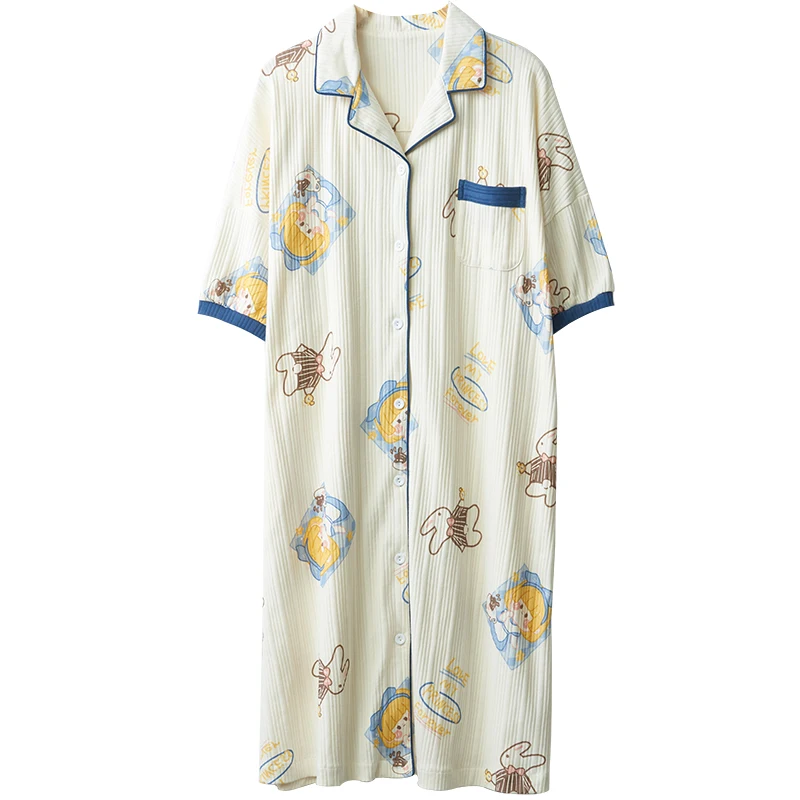 

2021 new summer cardigan nightdress for women cotton Cardigan Shirt Nightgowns Femme Plus Size 4xl Night Shirt Home Sleepwear