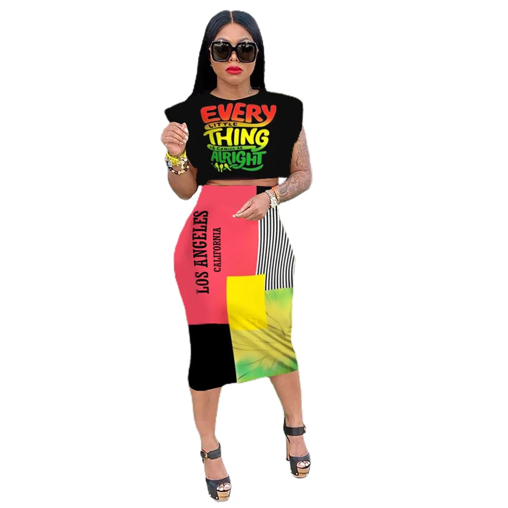 

Summer Dresses For Women Two Piece Outfits Letter Printed Pullover Retro Top Midi Skirts Elegant Streetwear Wholesale