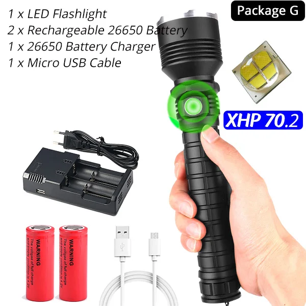 Package G XHP70.2 самый мощный фонарик XHP50 USB Zoom СВЕТОДИОДНЫЙ Фонарь Xlamp тактический охотничий фонарь 18650 26650 для самообороны - Emitting Color: Package G