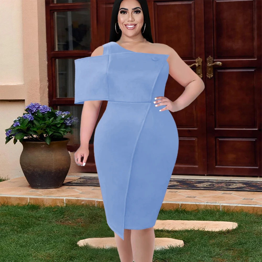 Blue Dresses Plus Size White One Shoulder Bodycon Knee Length Package Hip Dress with Open Shoulders Women Outfit Dropshipping