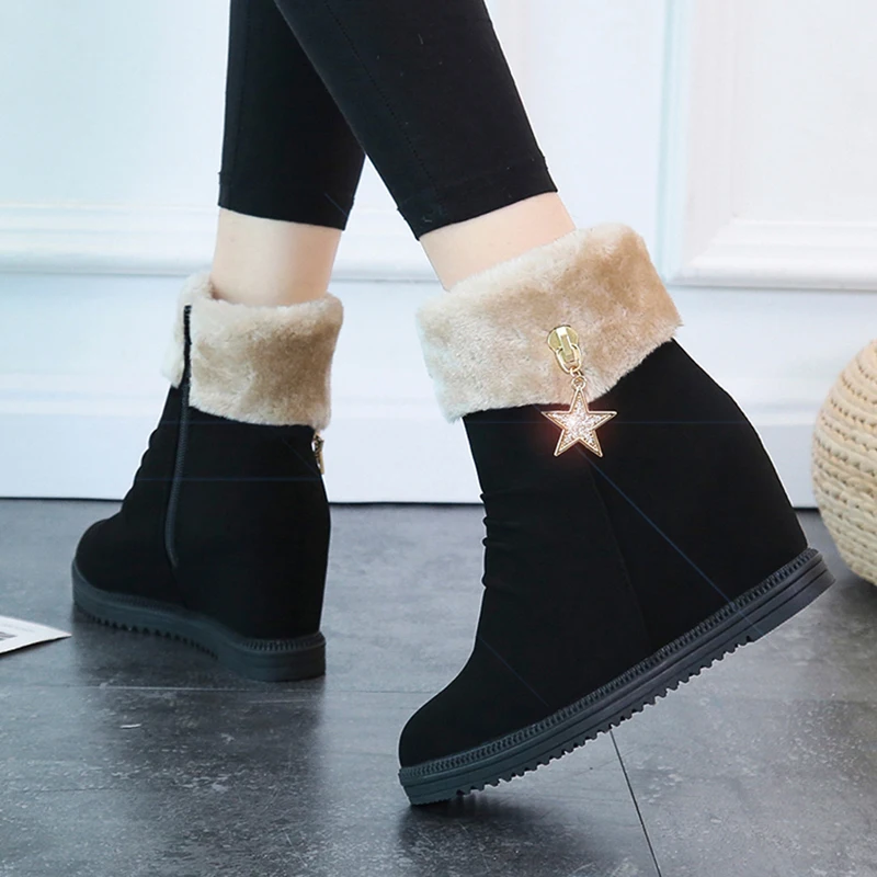 Модные теплые зимние меховые сапоги со стразами женские повседневные ботильоны