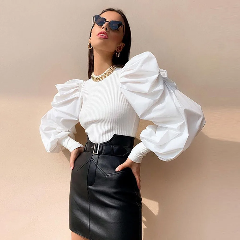 Осенняя однотонная винтажная женская рубашка с круглым вырезом и пышными