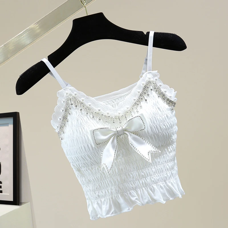 2021 Summer Exquisite Rhinestone Beaded Bowknot Ruffle Sleeveless Bra Vest Korean Lace Elastic Chest Wrap Fashion Sexy Camis Top