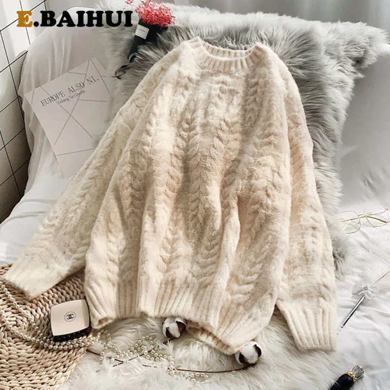 

Модные однотонные свитера EBAIHUI с круглым вырезом, Женский вязаный пуловер с длинным рукавом на осень и зиму, шикарный женский свитер