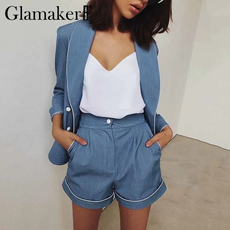 Glamaker Denim blue belt office short female jumpsuit Spring summer pocket buttons casual rompers Streetwear playsuit overalls |