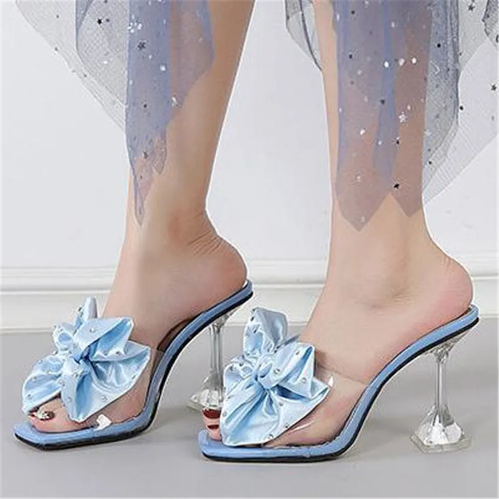 

New Fashion Butterfly-Knot Mules Summer 2021 Women Squared Toe Slippers Pvc High Heels Slides Leisure Solid Casual Shoes 34-46
