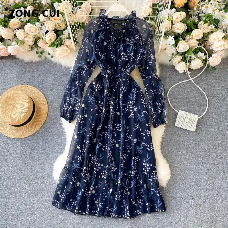 

2021 New Autumn Women Print Dresses Elegant Puff Sleeve Ruffles Hem Lace Up O Neck High Waist Blue Ladies Dresses