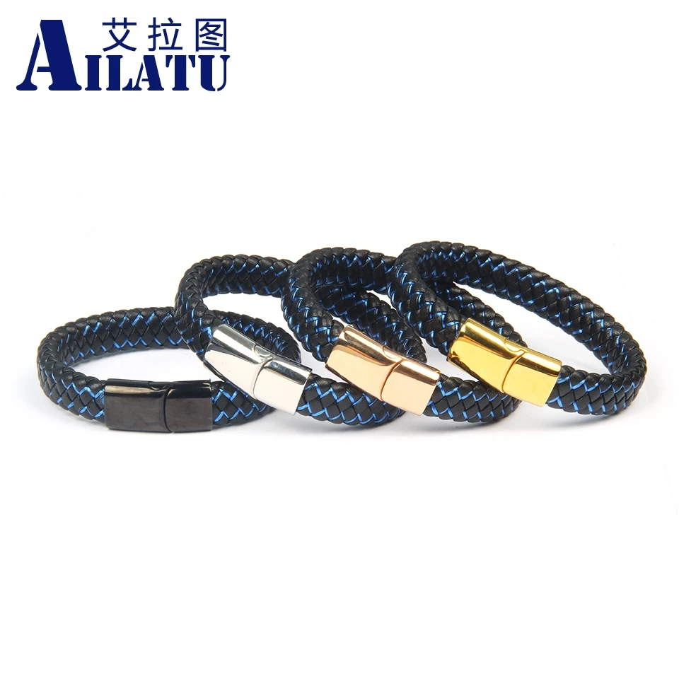 

Customizable Engraved Logo New Genuine Blue String Braided Stainless Steel Bangles Magnet Buckle Male Bracleet