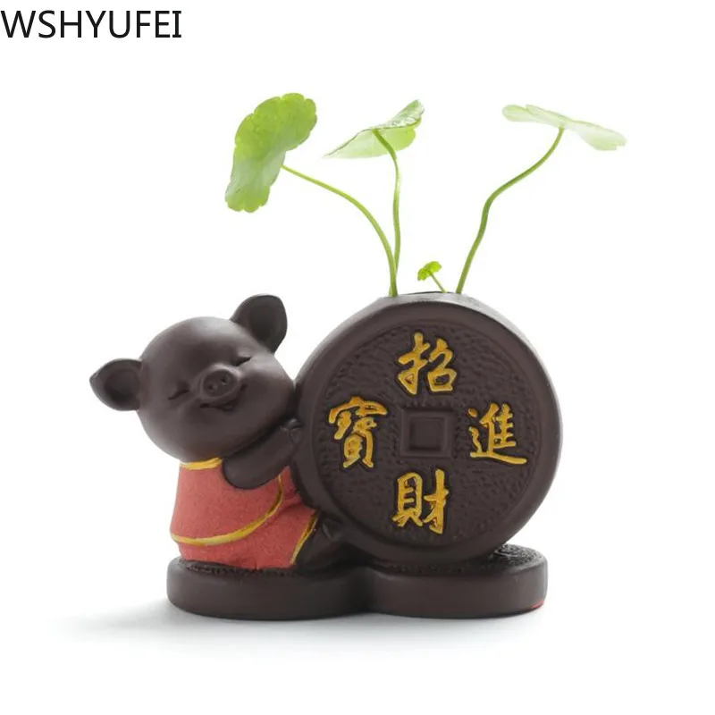 

Creativity Purple Clay Tea pet Ornaments Lucky Pig flower pot tea Figurine Hydroponic plants Flower arrangement Decoration Craft
