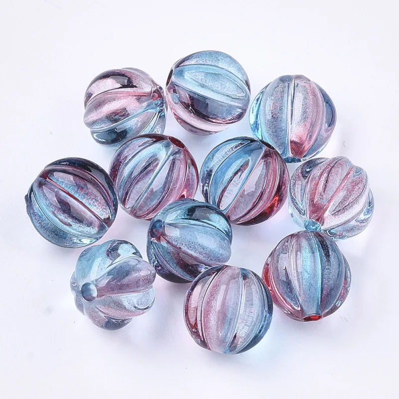 

200PCS Two Tone Transparent Spray Painted Acrylic Corrugated Beads, Round, Orange, 7.5x8x7.5mm, Hole: 1.5mm