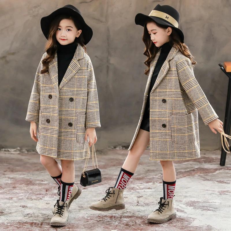 

Girls Double Breasted Plaid Woolen Coat Children's Outerwear Clothes Teenager Kids Casual Long Woollen Jacket Trench Coat P162