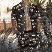 mens summer large casual loose fashion print hawaiian shorts short sleeves cardigan lapel shirt two beach suits