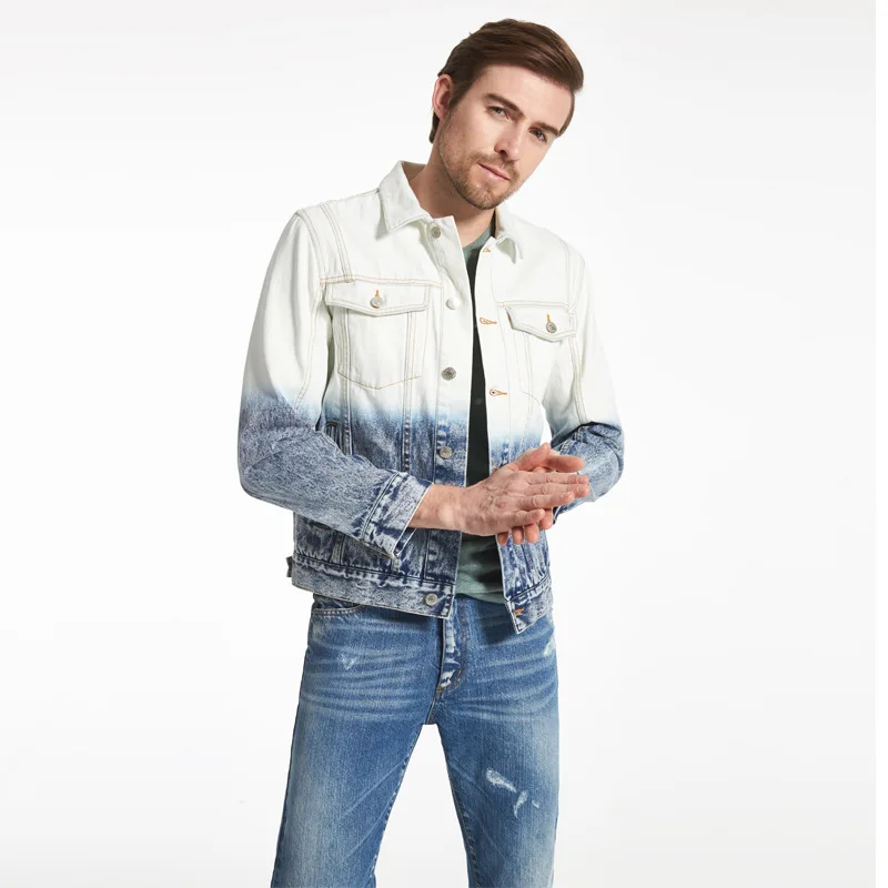 Мужская джинсовая куртка с градиентом белая приталенная Повседневная светлая