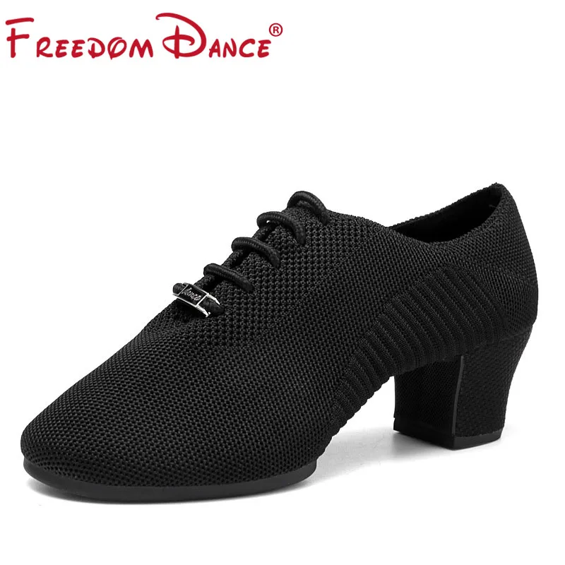 Дышащая обувь для латинских танцев Женская на низком среднем каблуке с сетчатым