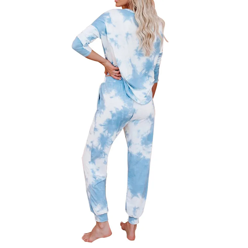 

Newhot Style Lady Casual Tie-Dyed Round Neck Pajamas Long Sleeve Home Suit Two Pieces Women's Set Clothes