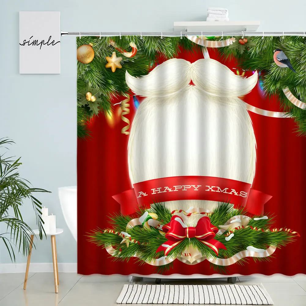 

Merry Christmas Shower Curtain Santa Claus Christmas Tree Red New Year Theme Home Bathroom Decor Waterproof Screen With Hooks