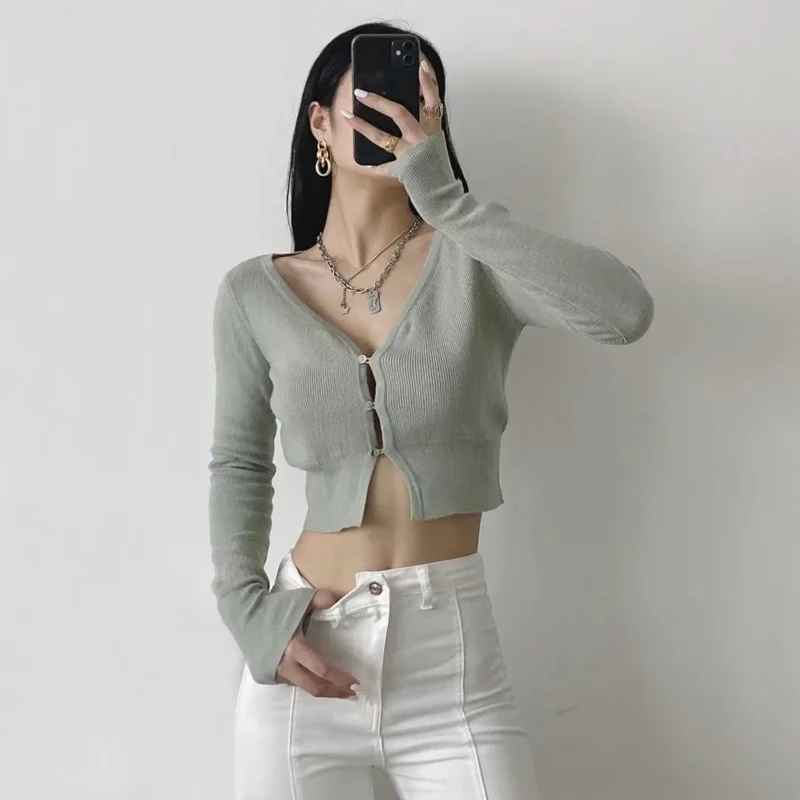 

Women V Neck Cropped Knitted Cardigan With Width Trim