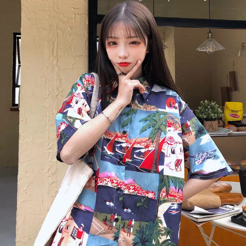 

Streetwear Vintage Blouse Women Retro Shirt Student Short Sleeve tops Korean Style Hip Hop Loose Half Sleeve Shirt 2020 Summer