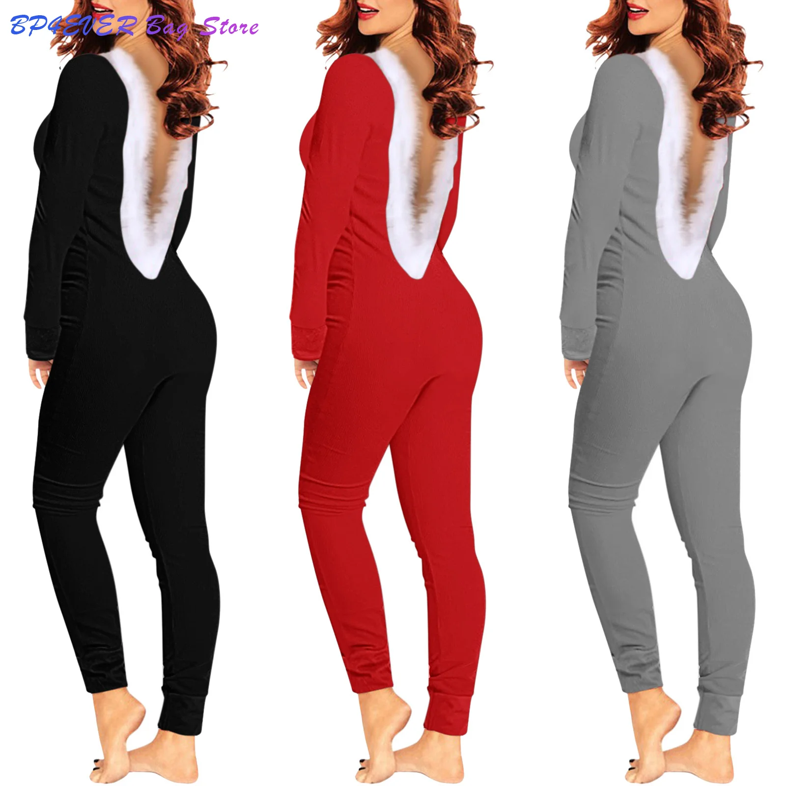 

Women Sexy Jumpsuit V Neck Long Sleeve Open Back Furry Ladies Pajamas Solid Bodysuit Temptation Playsuit Romper Боди Женское