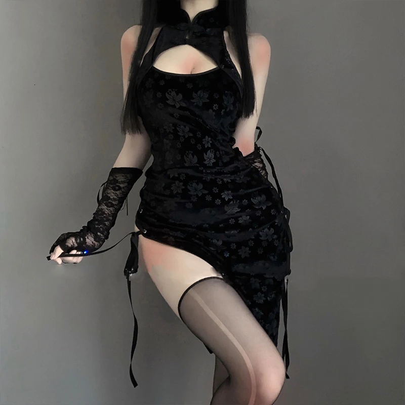 

Sexy Lingerie Hollow Strap Slit Retro Velvet Printed Cheongsam Cosplay Costume Erotic Anime Ladies Dress For Women Lace Outfit