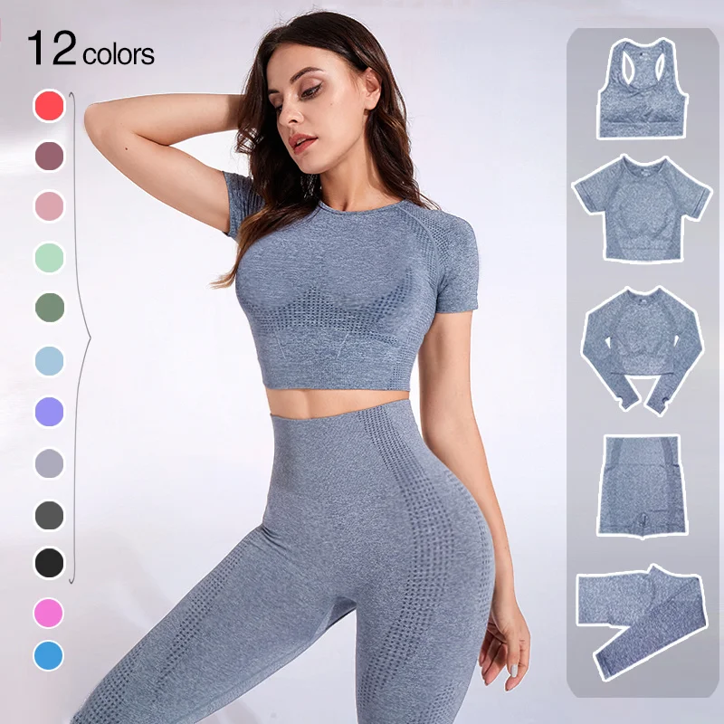 

2/3/5PCS Seamless Women Yoga Set Workout Sportswear Gym Clothing Fitness Long Sleeve Crop Top High Waist Leggings Sports Suits