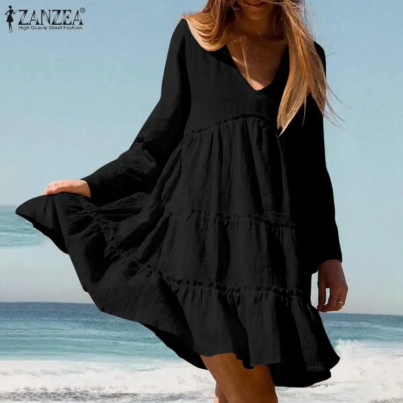 

Повседневный Сарафан ZANZEA с оборками, женское стильное платье с V-образным вырезом и длинным расширяющимся книзу рукавом, элегантные однотон...