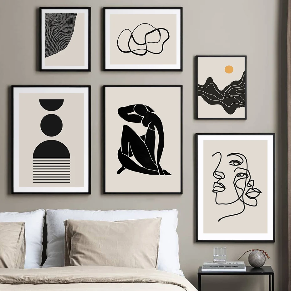 

Trendy Abstract Canvas Painting Creative Minimalist Line Poster Black Beige Print Nordic Wall Pictures for Living Room Decor
