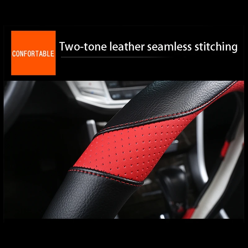 

NEW-Steering Wheel Covers Leather Auto Universal 15 Inch, Breathable, Anti-Slip, Warm in Winter and Cool in Summer,Black-Red