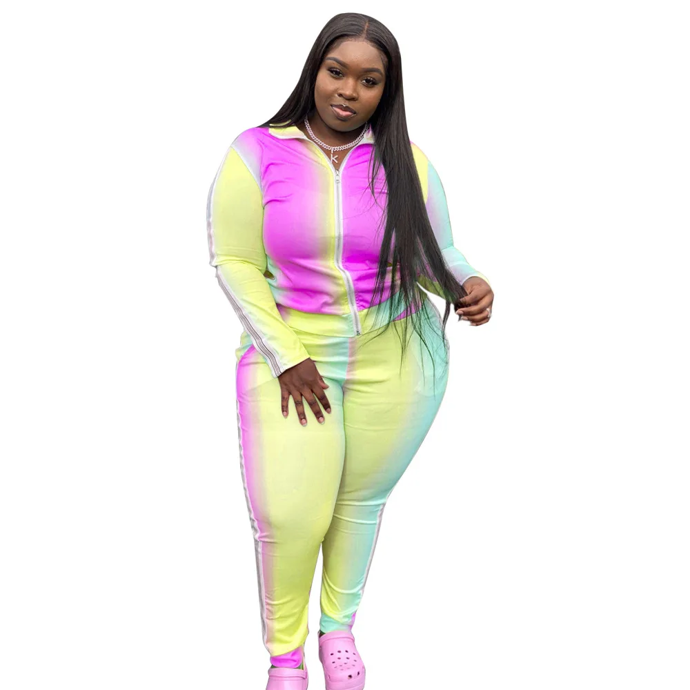 

Rainbow Printed Women Tracksuits Plus Size L--5XL High Quality Long Sleeves Coat with Zipper + Long Pants Spring Autumn 2021
