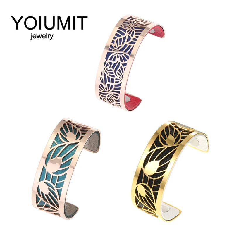 

Браслет-манжета Yoiumit из нержавеющей стали 2021 для женщин, золотистый браслет с листьями и бабочками, сменные кожаные украшения для женщин