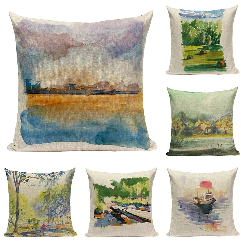 

Painting Landscape Design Cushion Cover Rural Natural Scenic Home Decor Bed Pillow Case Floral Decoration Cushions Cover Cojines