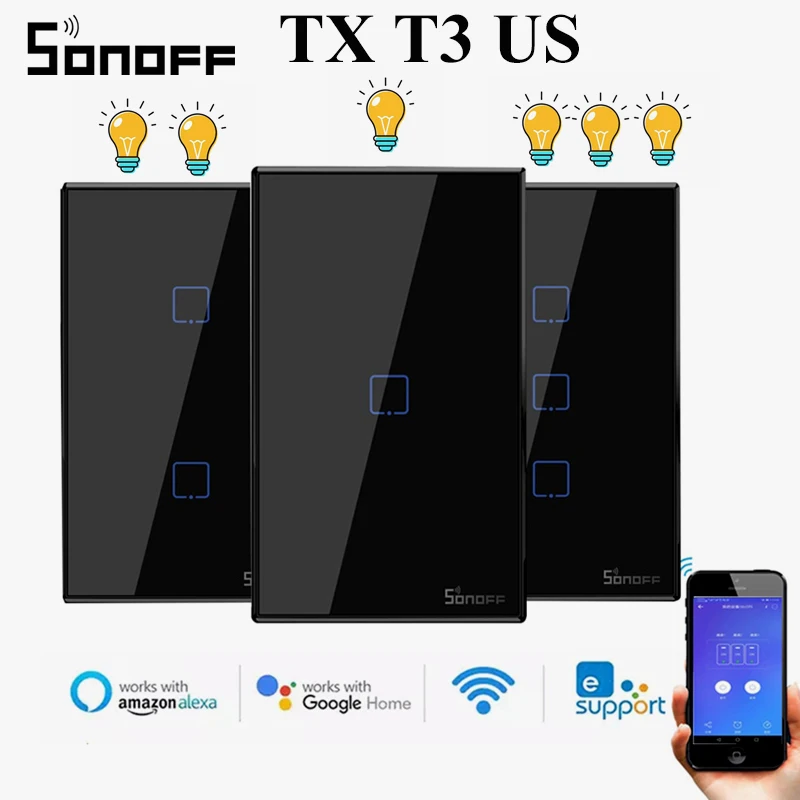 

Выключатель настенный сенсорный SONOFF TX T3, Wi-Fi, 433rf