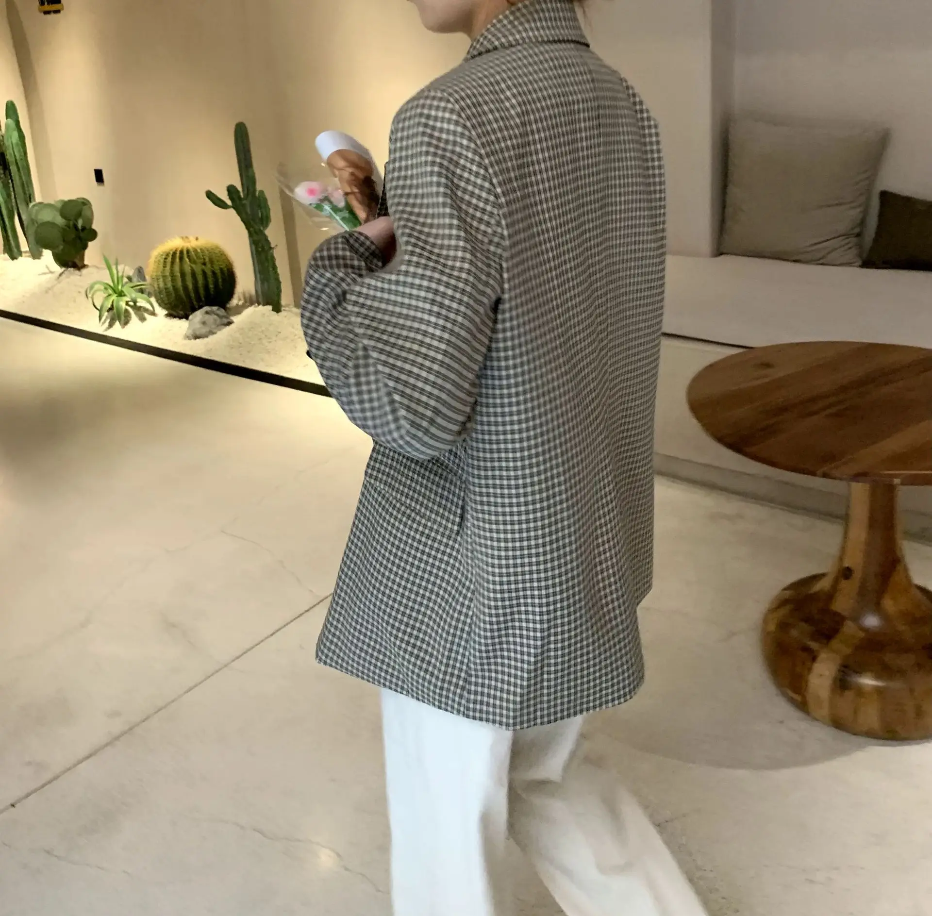 

2021 Spring Summer Elegant Jacket Office Wear Women Plaid Coat Blazer Logn Sleeve Blazers Outerwear Womens Fashion