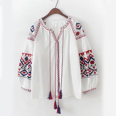 white Блузка с цветочной вышивкой, топ, осенняя, длинный рукав, с кисточками, с завязками, хиппи, бохо, шикарный стиль, хлопок, Этнические женские рубашки - Цвет: white
