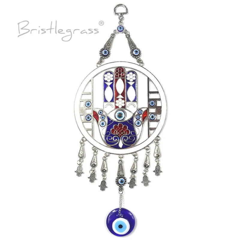 BRISTLEGRASS Турецкая голубой с клипсами Дурной глаз диск хамса руки цветок настенный