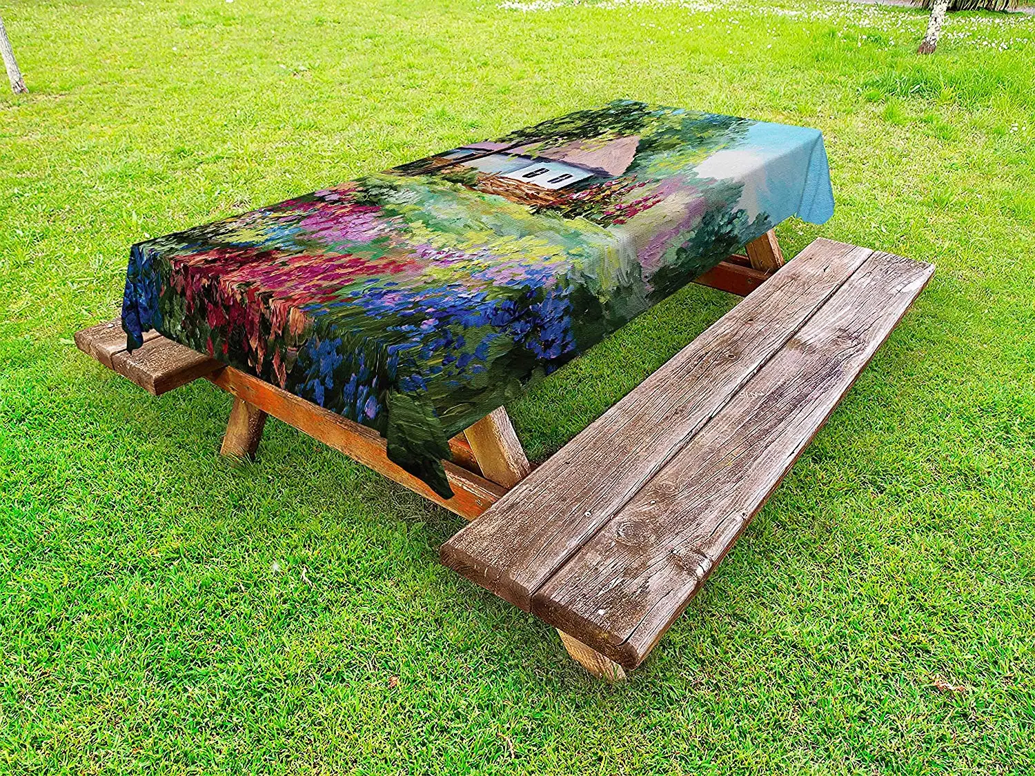 Крестьянская скатерть художественный каменный дом и небольшой сад с деревянным