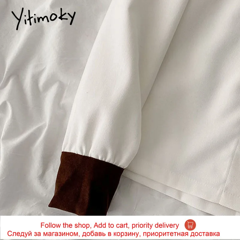 

Yitimoky Vintage Bow Women Shirts Long Sleeve Button Up Blouse V-Neck Tops Straight 2021 Spring Preppy Style New Single Breasted