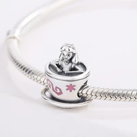 925 sterling silver pink enamel long hair girl coffee cup pendant charm bracelet fashion jewelry diy making for pandora