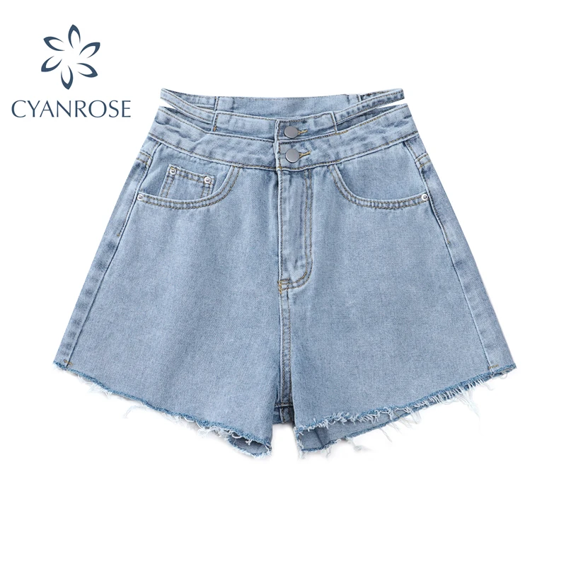 

Korean High Waist Hollow Out Jeans Shorts Women 2021 Summer Streetwear Harajuku Ins Vintage Female Denim Shorts With Rough Edge