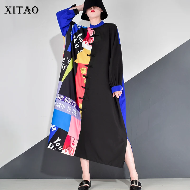 Женское свободное платье в стиле пэчворк с длинным рукавом и воротником