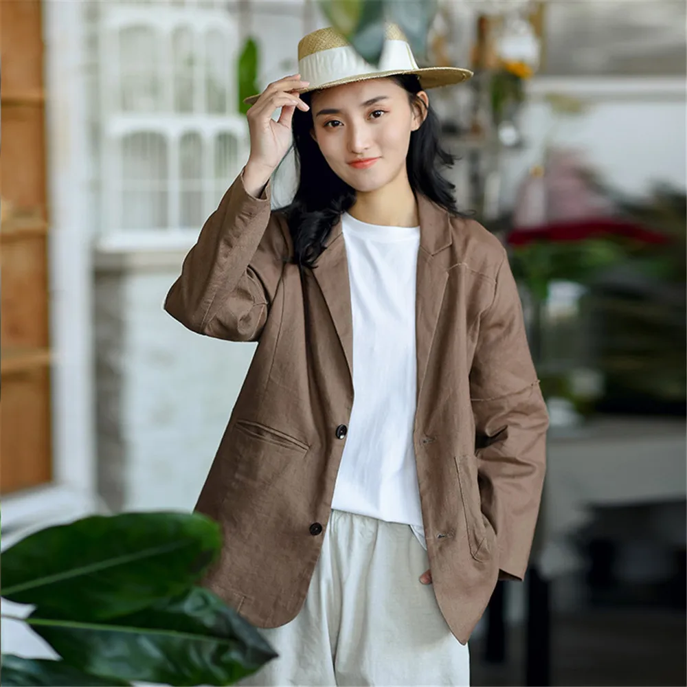 

New Simple Blazer For Women Spring Summer Blazer Single-Breasted Jackets Ladies Leisure Cotton Linen Lapel Suit Jackets