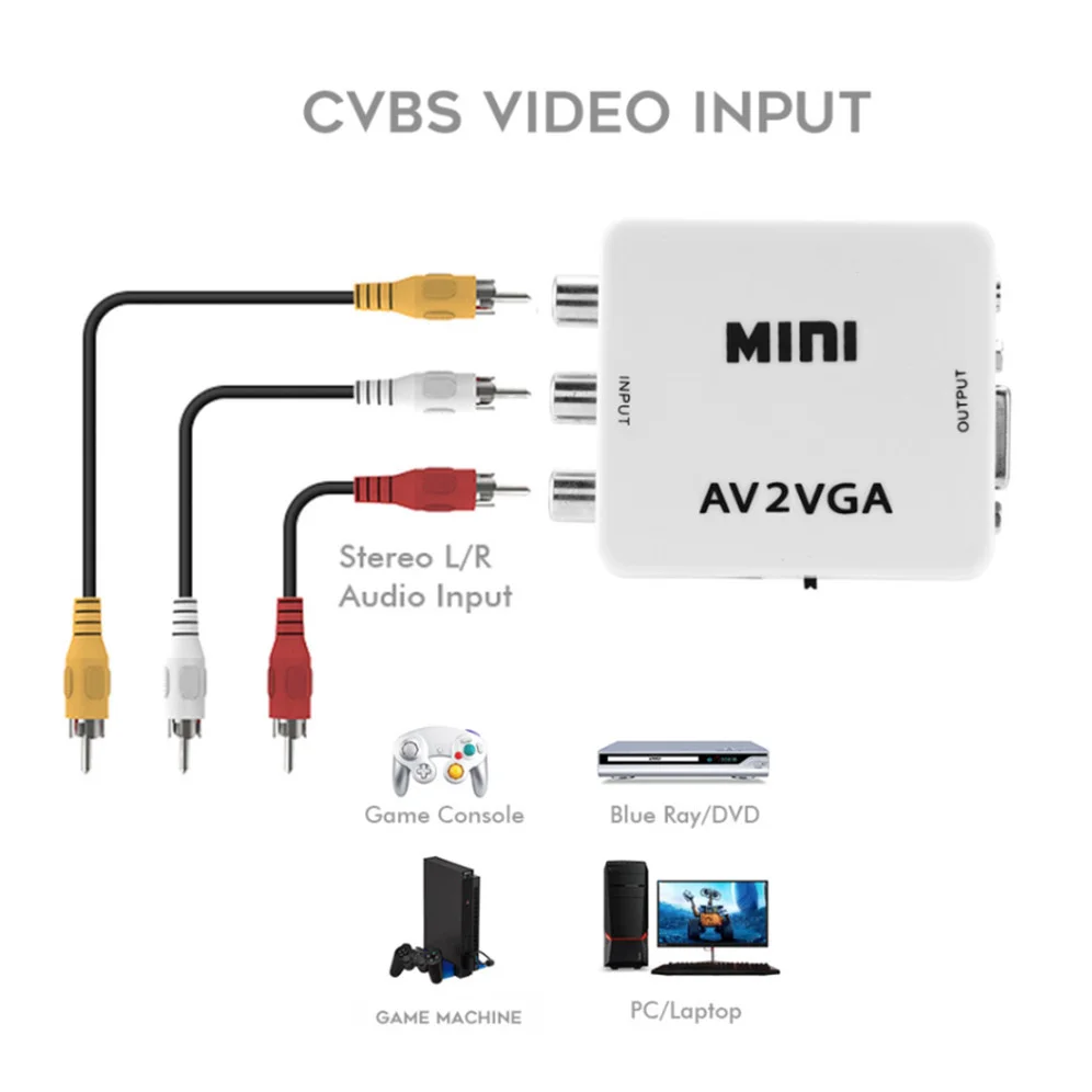 Преобразователь видеосигнала RCA AV в VGA 1080P мини-видеоконвертер с аудио 3 5 мм AV2VGA /