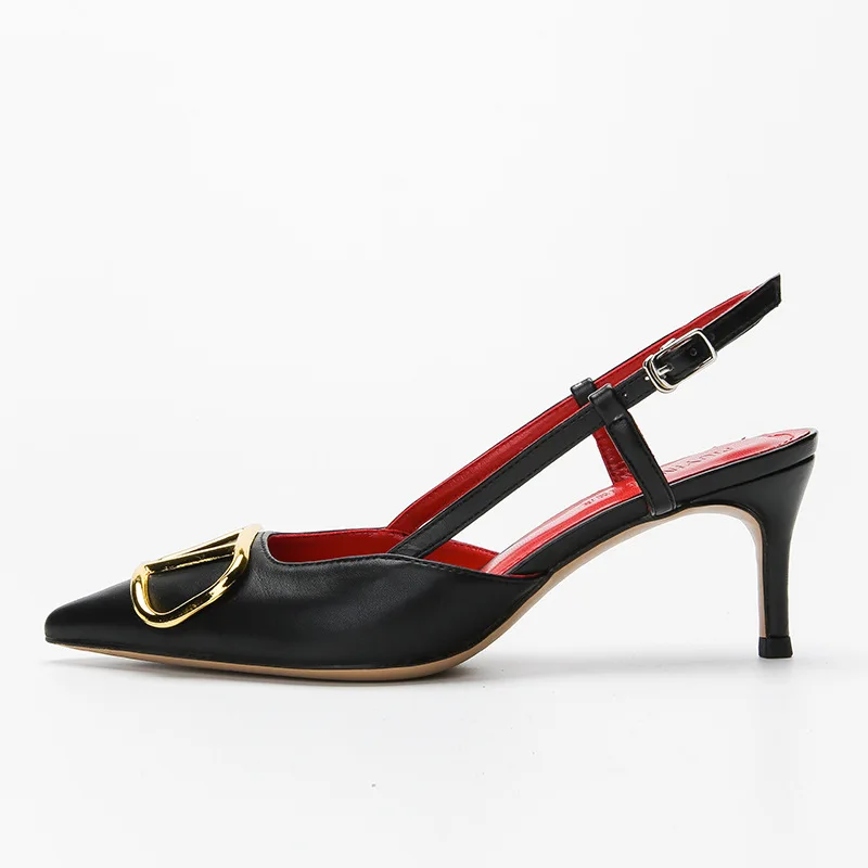 

2021 Summer New Baotou Sandals Women's V-button Pointed Middle Heel Thin Heel High Heel Single Shoes