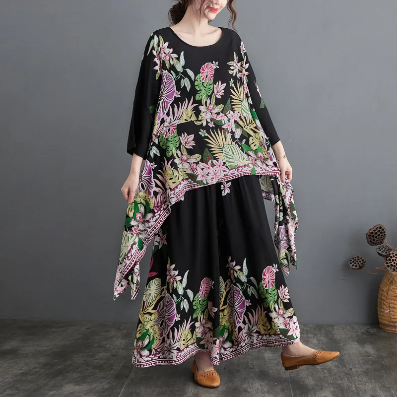 

Размера плюс брючный костюм для женщин с принтом в винтажном стиле; Свободные повседневные Женский комплект из двух предметов, комплекты ве...