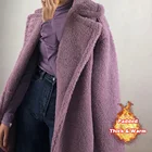 Женское зимнее теплое длинное пурпурное пальто из искусственного меха с длинным рукавом, женское толстое пальто-мишка, Повседневная Свободная верхняя одежда оверсайз