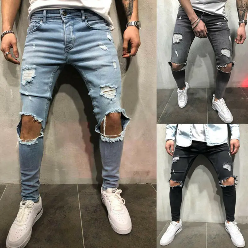 

Men Jeans Ripped Frayed Hole Denim Pants Biker Hip Hop Skinny Distressed Trouser